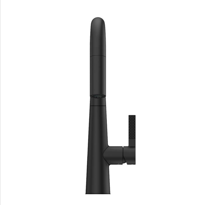 Close up of Pfister Asari matte black pull-down kitchen faucet spray head