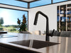 Pfister Asari matte black pull-down kitchen faucet with water flowing into a modern sink