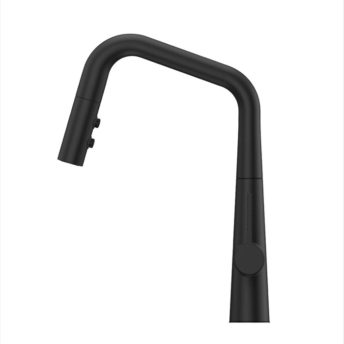 Side view of Pfister Asari matte black pull-down kitchen faucet