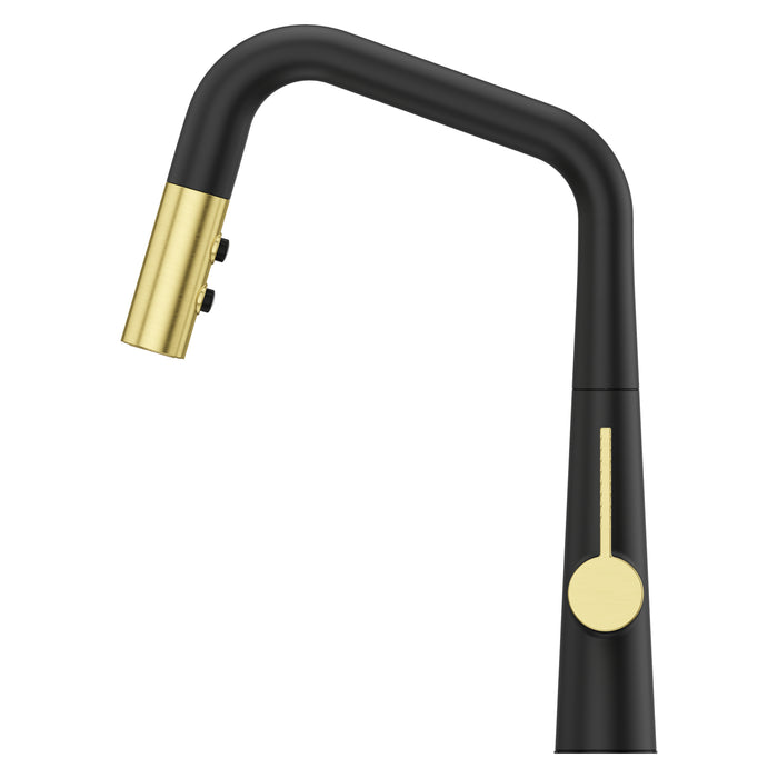 Pfister Asari modern kitchen faucet matte black finish with brushed gold accents front view