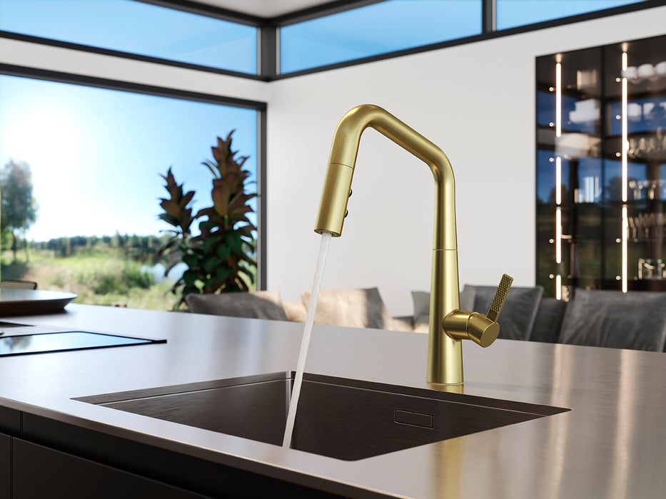 Side profile of Pfister Asari stainless steel pull-down kitchen faucet