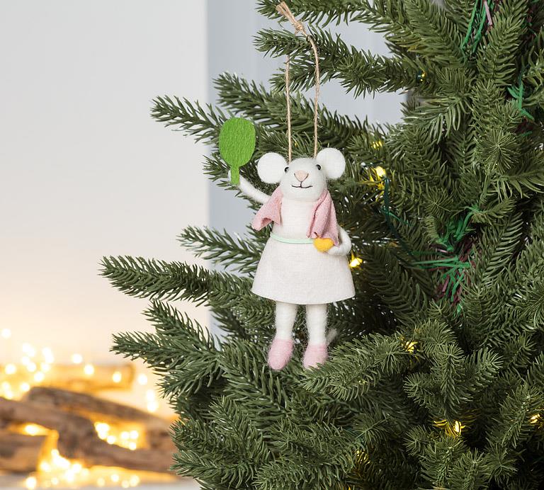 Felt pickleball mouse ornament hanging on tree holiday decor