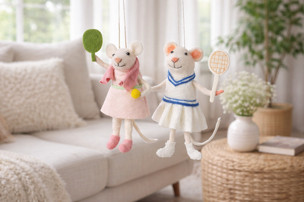 Pickleball and tennis mouse ornament set displayed together festive decor