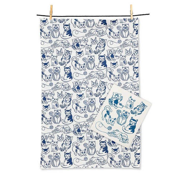 playful cats dishcloth and kitchen towel set hanging display