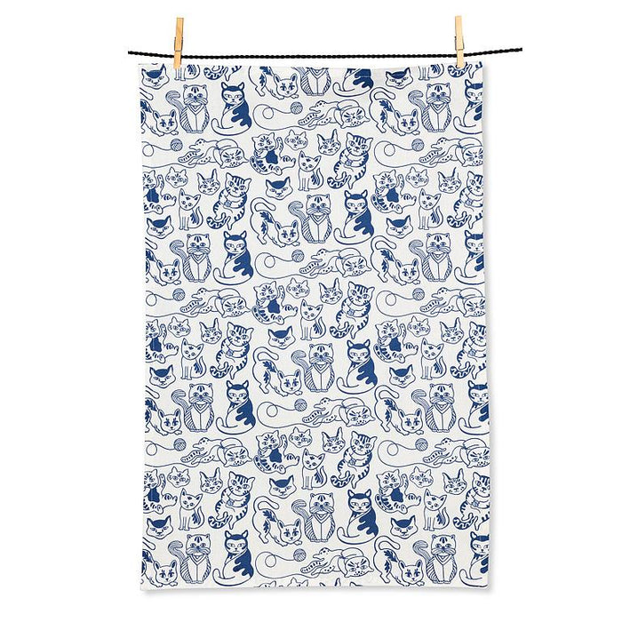 playful cats patterned kitchen towel hanging full view
