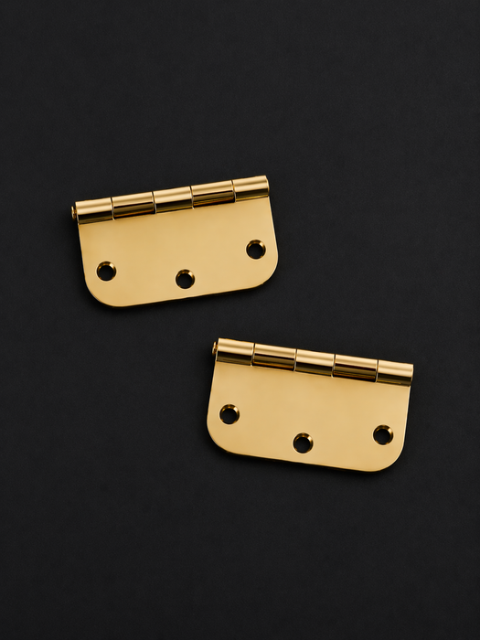 3.5 inch polished brass door hinges pair on dark background