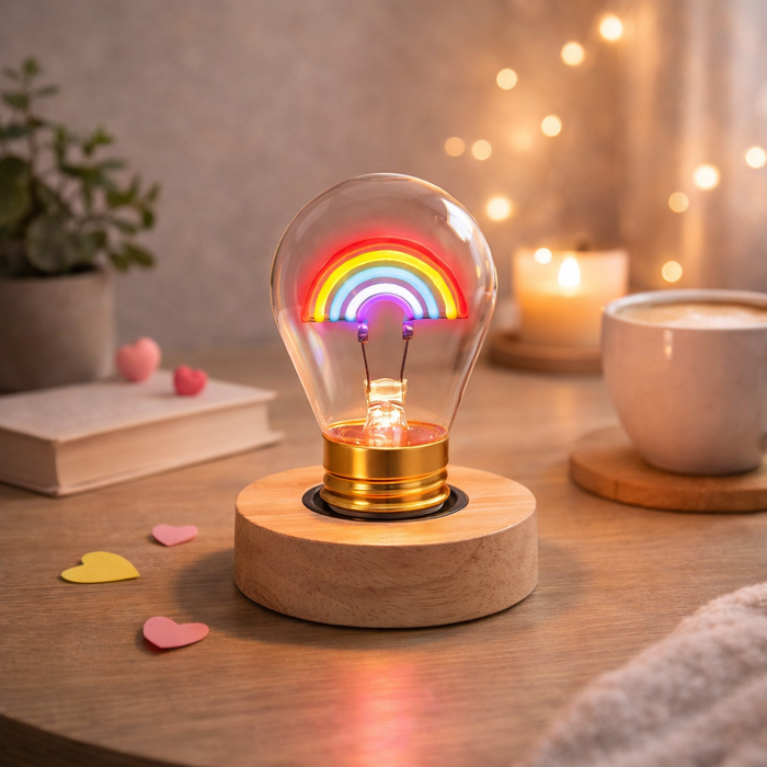 Rainbow neon LED light bulb on wooden base glowing on bedside table in cozy setting