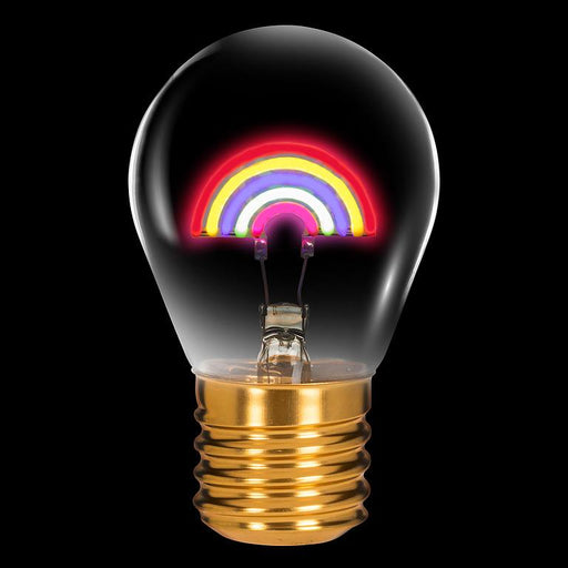 Rainbow neon LED light bulb with multicolor filament glowing on black background