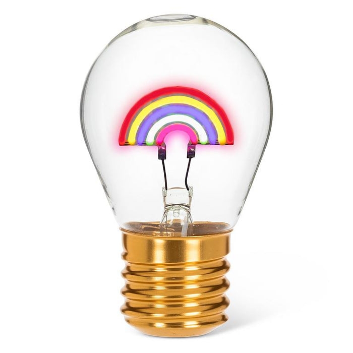 Rainbow neon LED light bulb with colorful filament in clear glass on white background
