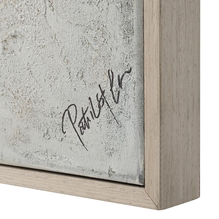 Close-up of Patrick St Germain’s signature and the cream veneer frame on Renwil Abadie canvas art