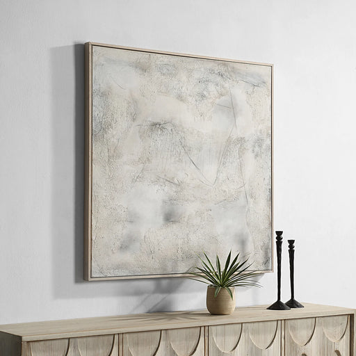 Renwil Abadie neutral abstract canvas art displayed above a contemporary console table