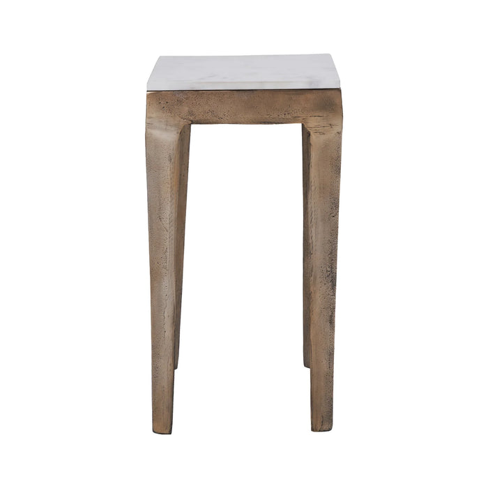 Side profile of Renwil Abby marble accent table in plated antique brass finish