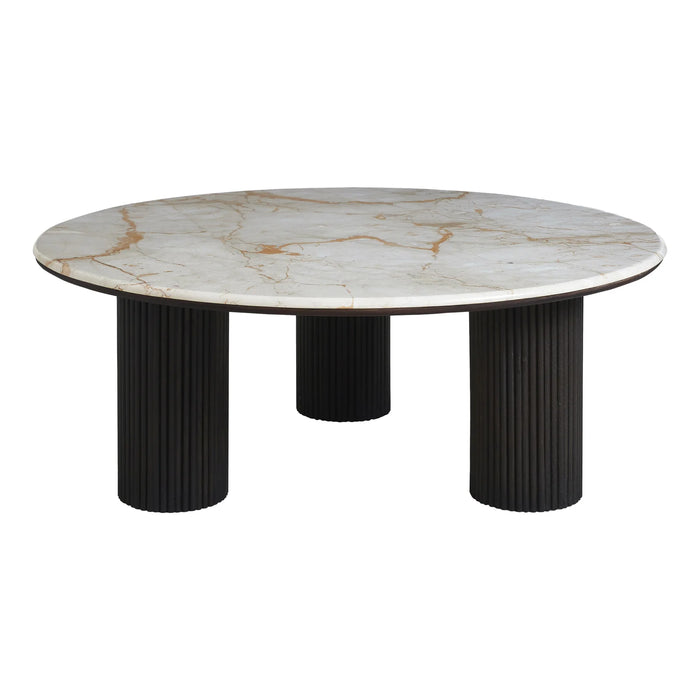 Renwil Alessio round Breccia marble coffee table with three fluted walnut legs