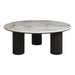 Renwil Alessio round Breccia marble coffee table with three fluted walnut legs