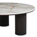 Side view of the Alessio marble coffee table with fluted mango wood legs