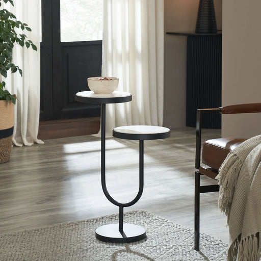 Renwil Ambra two-tier marble accent table styled in a modern living room interior