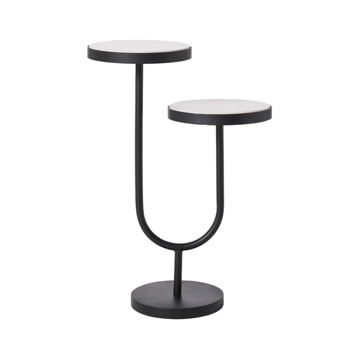 Renwil Ambra two-tier accent table with natural marble tops and matte black iron frame full view