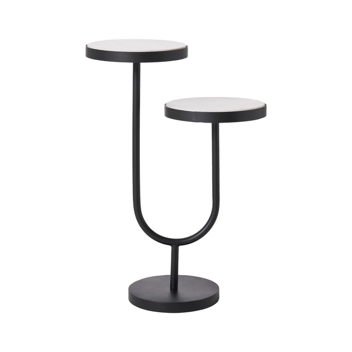 Renwil Ambra two-tier accent table with natural marble tops and matte black iron frame full view