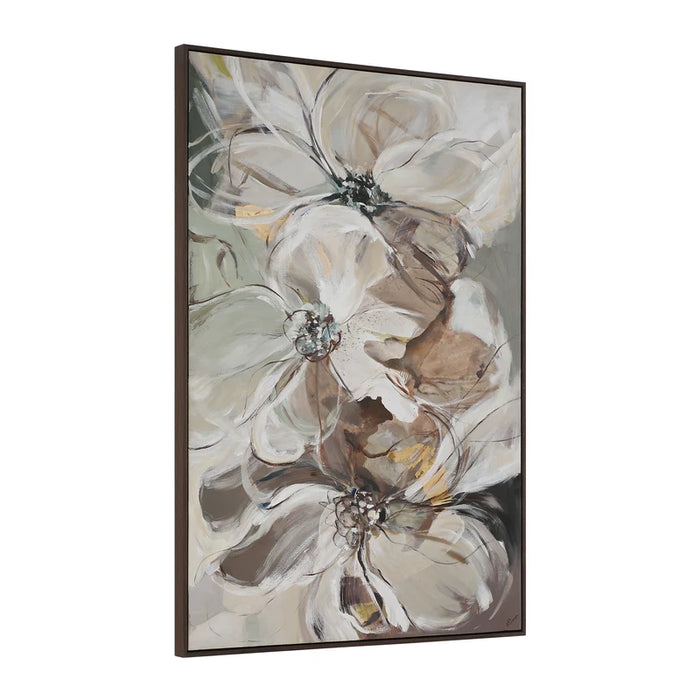 Angled view of Renwil Argilla textured floral canvas art in a dark brown veneer frame
