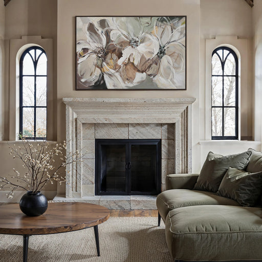 Renwil Argilla floral canvas art displayed horizontally above a living room fireplace