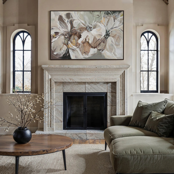 Renwil Argilla floral canvas art displayed horizontally above a living room fireplace