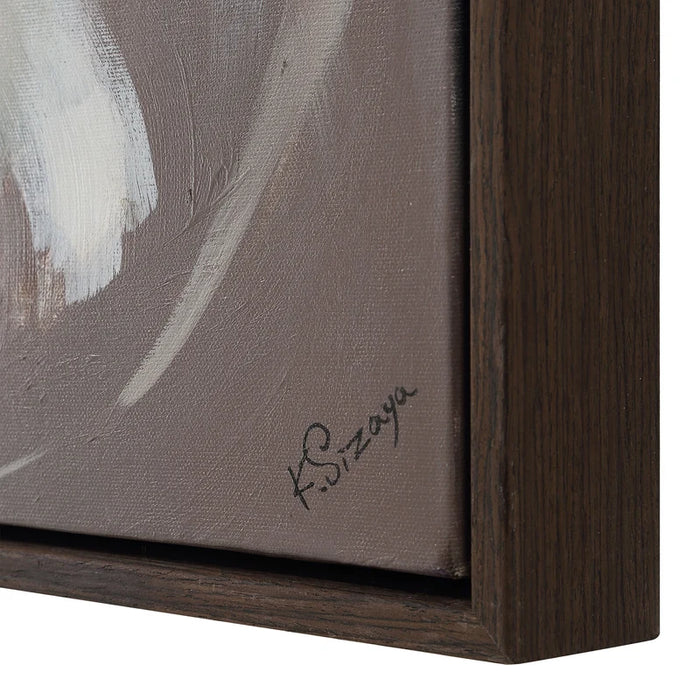 Close-up of the dark brown veneer frame and artist signature on Renwil Argilla canvas art