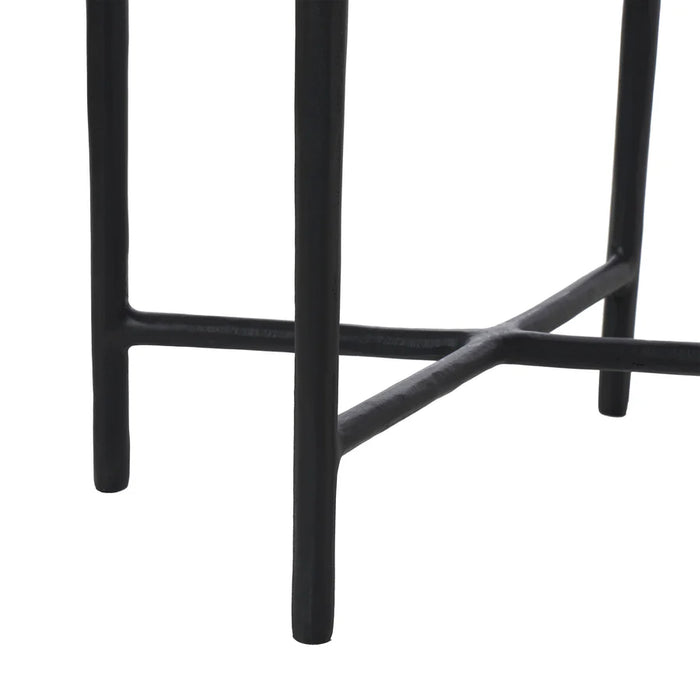 Close-up detail of crossed black aluminum base on Renwil Aria accent table