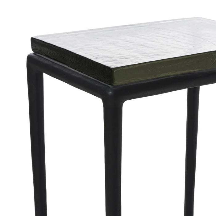 Corner detail of tinted glass tabletop and black frame on Renwil Aria accent table