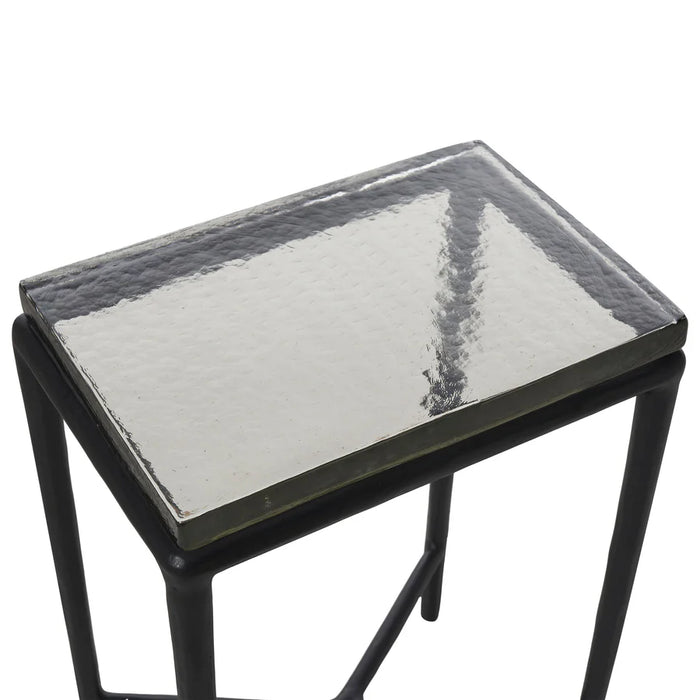 Close-up detail of tinted recycled cast glass tabletop on Renwil Aria accent table