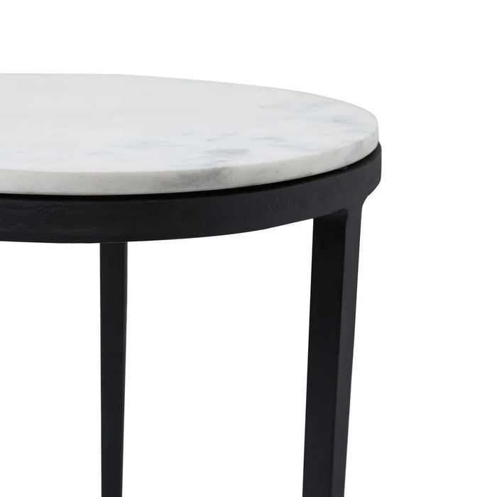Side angle view of Renwil Arryn marble accent side table with matte black frame