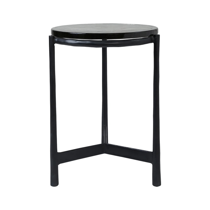 Renwil Avila accent table with black tinted glass top and black cast aluminum base full view