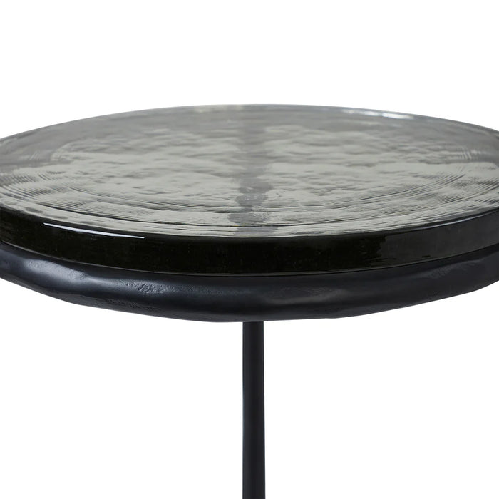 Close-up detail of black tinted recycled glass tabletop on Renwil Avila accent table
