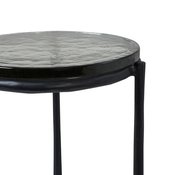 Side angle view of Renwil Avila accent table with tinted black glass tabletop