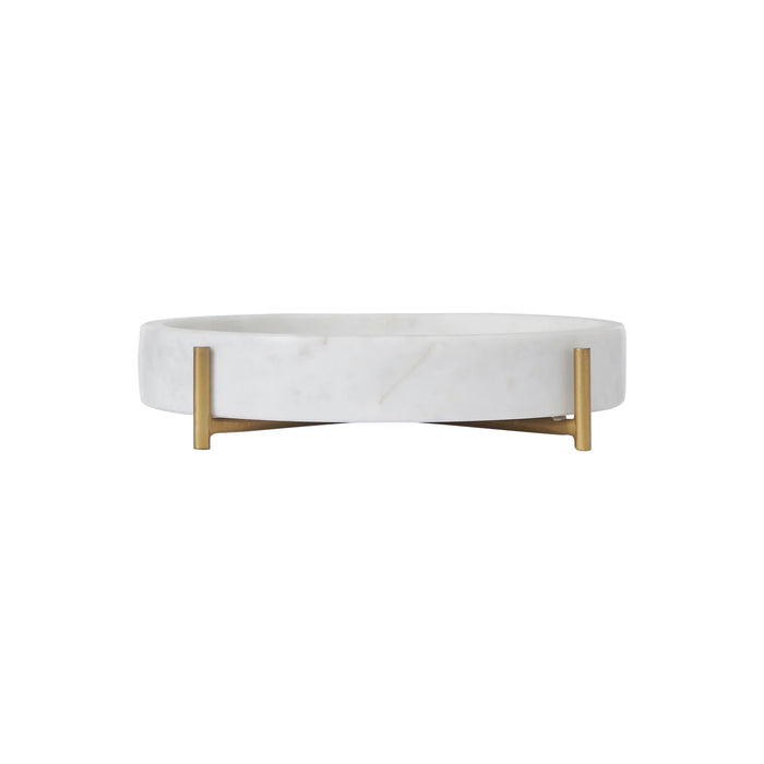Renwil Beja round white marble decorative tray with antique brass frame