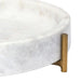 Close-up of the Beja tray’s natural white marble and antique brass frame
