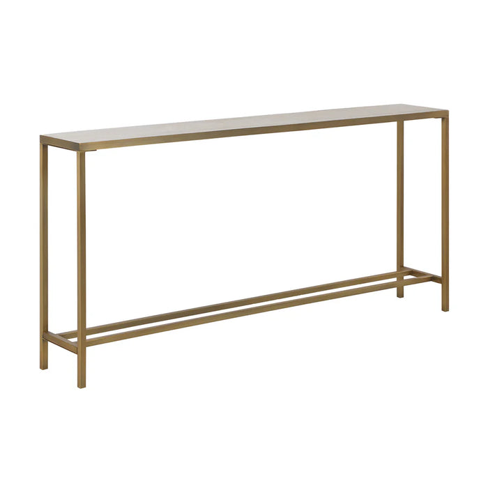 Angled view of the Renwil Bodin console table featuring a natural travertine top and antique brushed brass finish
