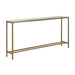 Angled view of the Renwil Bodin console table featuring a natural travertine top and antique brushed brass finish