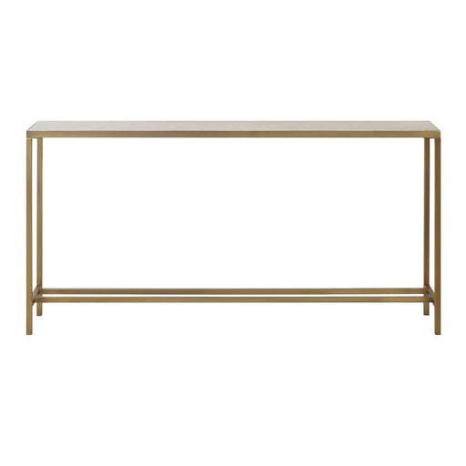 Renwil Bodin travertine console table with antique brushed brass frame front view