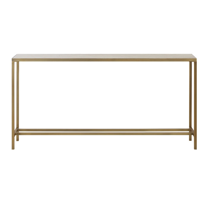 Renwil Bodin travertine console table with antique brushed brass frame front view
