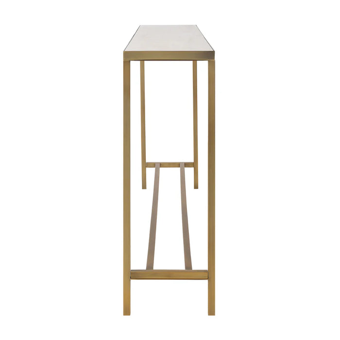Side profile view of the Renwil Bodin console table showing travertine top and brass frame