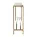 Side profile view of the Renwil Bodin console table showing travertine top and brass frame