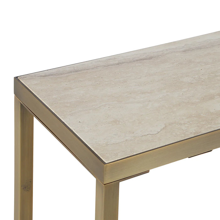 Close-up of the natural travertine tabletop on the Renwil Bodin console table