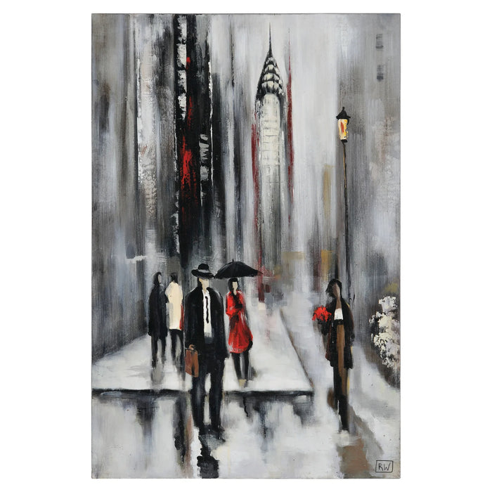 Renwil Bustling City II OL591 hand-painted urban canvas art featuring figures walking through a rainy city
