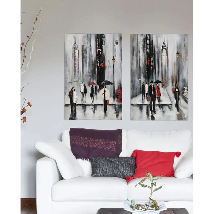 Renwil Bustling City II canvas displayed beside coordinating city artwork above a sofa, with one canvas included per order