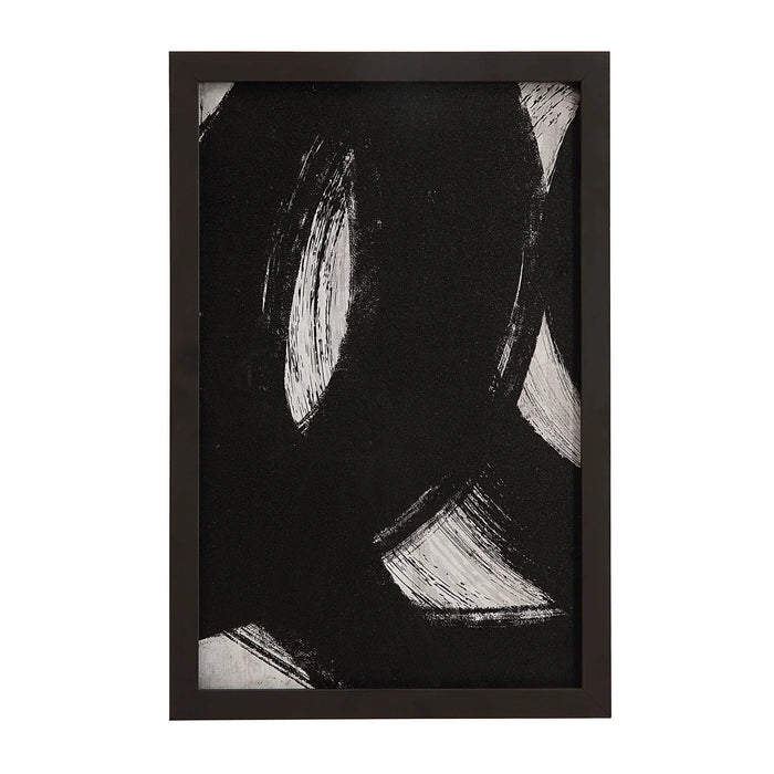 Front view of black abstract Carife wall art print with white brushstrokes