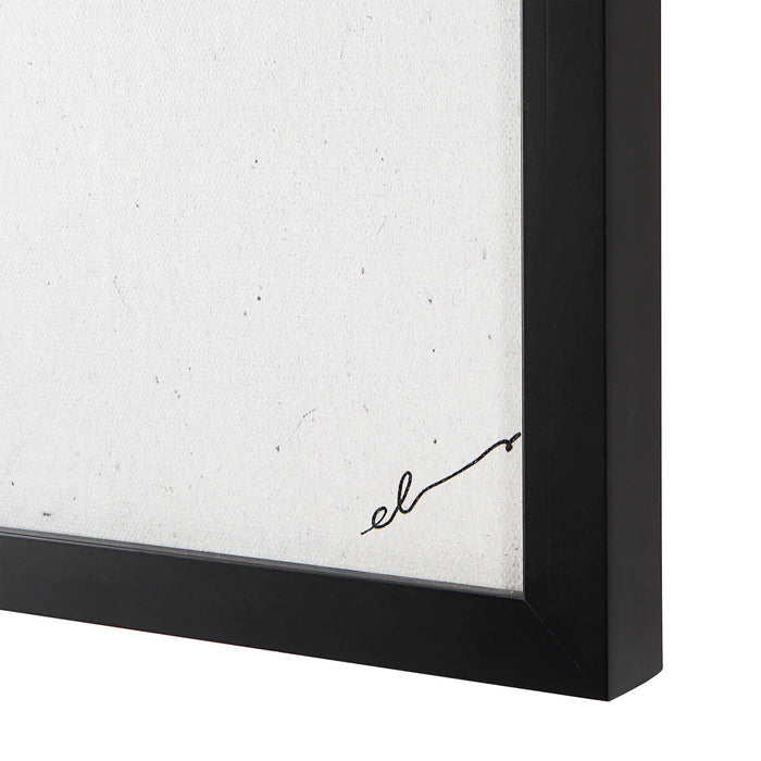 Close-up of black wood frame and glass covering on Renwil Carife wall art