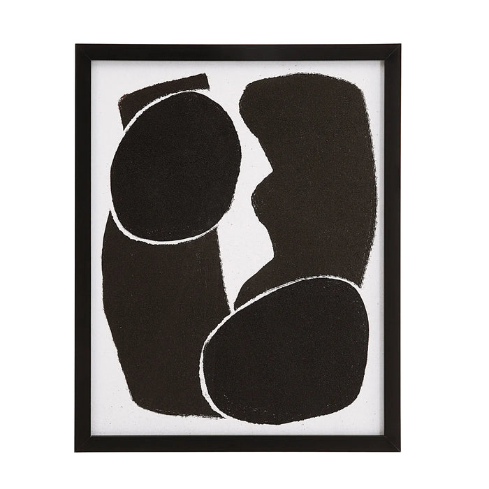 Angled view of Carife organic shapes print in a black wood frame