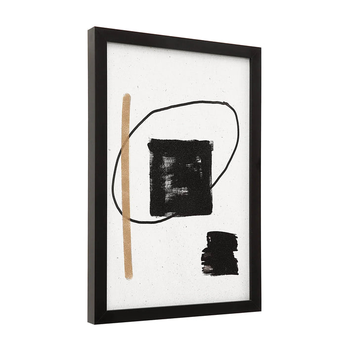 Angled side view of small Carife abstract print in a black wood frame