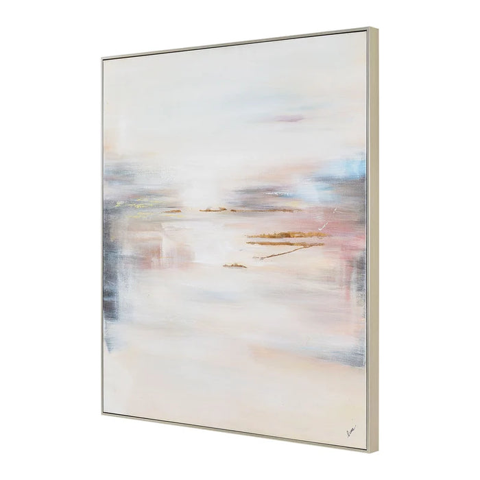 Angled view of Renwil Carina hand-painted canvas art with a slim champagne frame