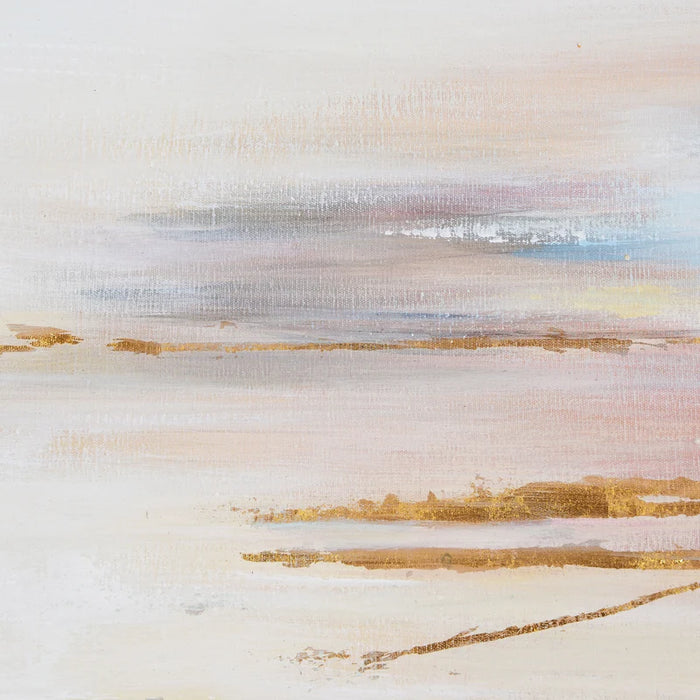 Close-up of the blush, blue and grey brushwork with gold leaf accents on Renwil Carina canvas art